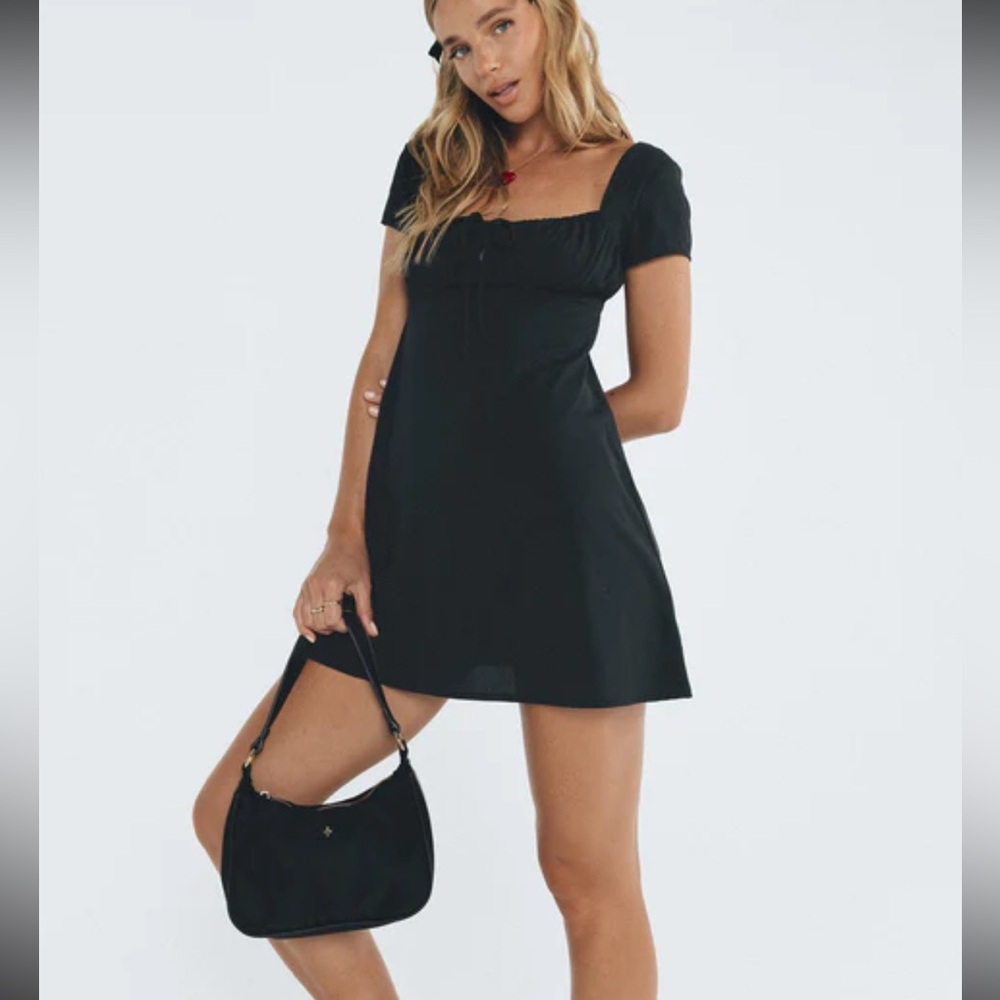 Princess Polly Black Smocked Babydoll Mini Dress Short Sleeve Square Neck 12